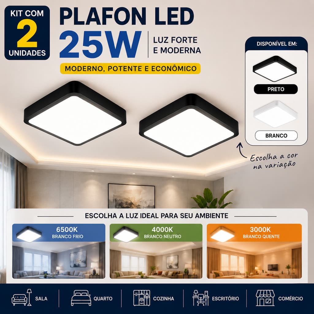 Kit 2 Plafon LED 25W Sobrepor Quadrado Bivolt – Luz Forte e Fácil Instalação