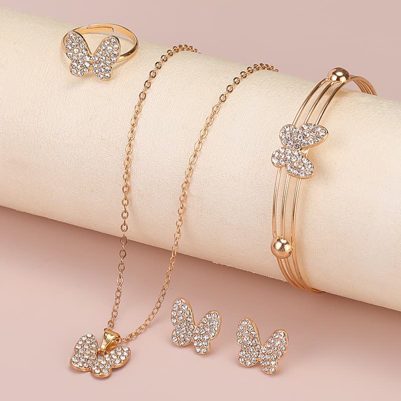 4 Pçs Gota De Água Jóias De Cristal , Borboleta Colar Brincos Bowknot Pulseira Anel Presente Para Festa De Casamento