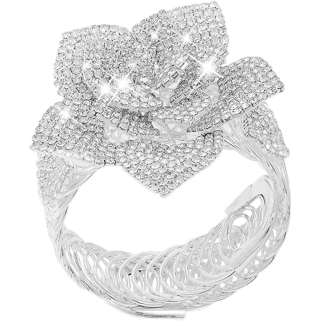 Pulseira de Strass com Flor Jojomina para Mulheres e Meninas, Bracelete de Cristal Prateado para Baile, Joia para Festa