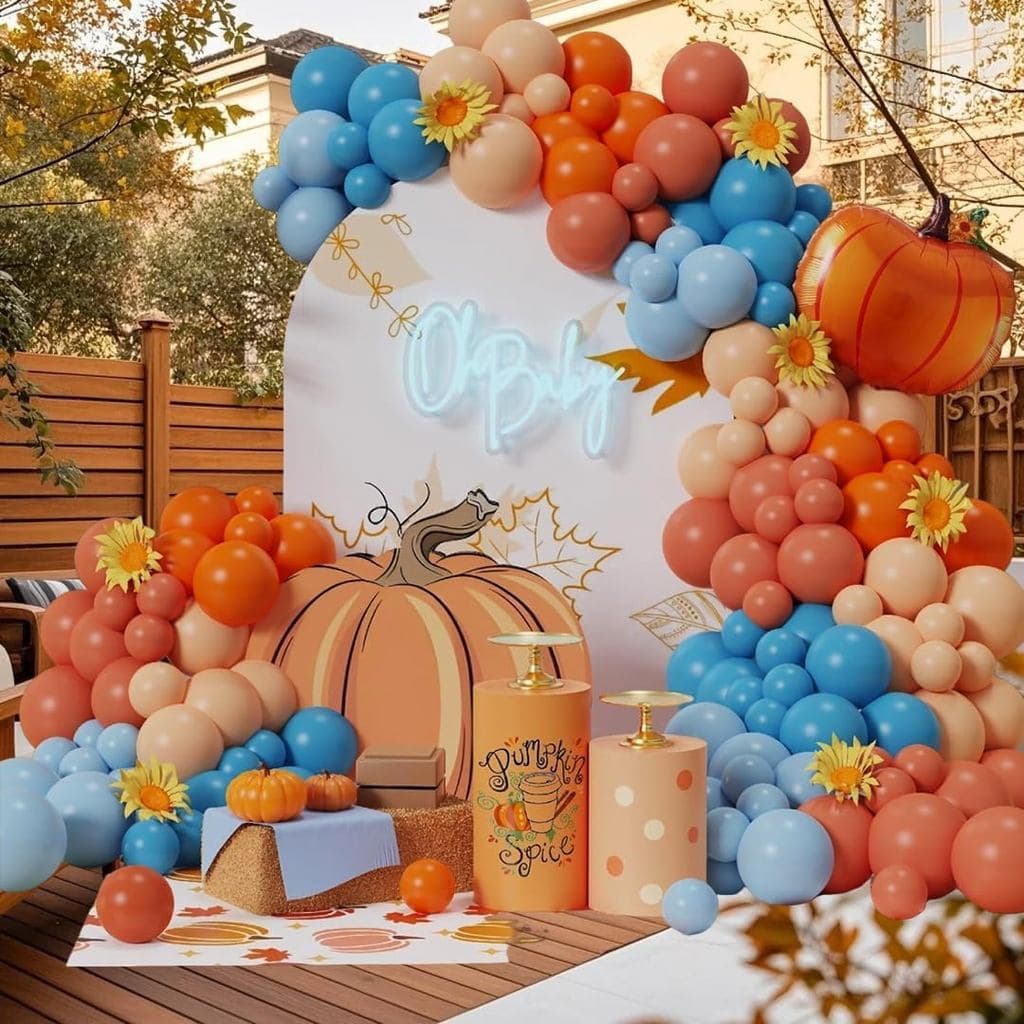 Kit de Arco de Balões de Abóbora de Outono, 129 Peças, Laranja Queimado e Azul Acinzentado, Decorações para Chá de Bebê
