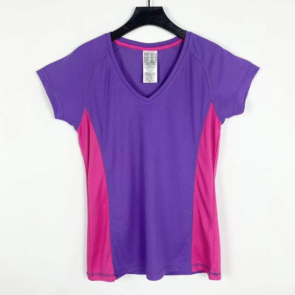 C0033 verão novo estilo feminino com decote em V moda cor-bloqueando topo esportes Fitness roupas de secagem rápida de m