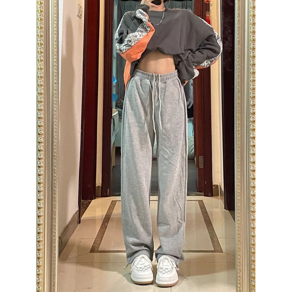 Cinza calças esportivas de perna larga feminina 2023 primavera outono novo estilo cintura alta Drape em linha reta esfre