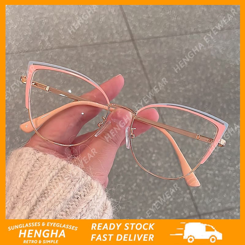 (HENGHA) Óculos De Armação De Metal Olho De Gato Rosa Feminino Estilo Retrô Ocidental Ópticos Anti Luz Azul