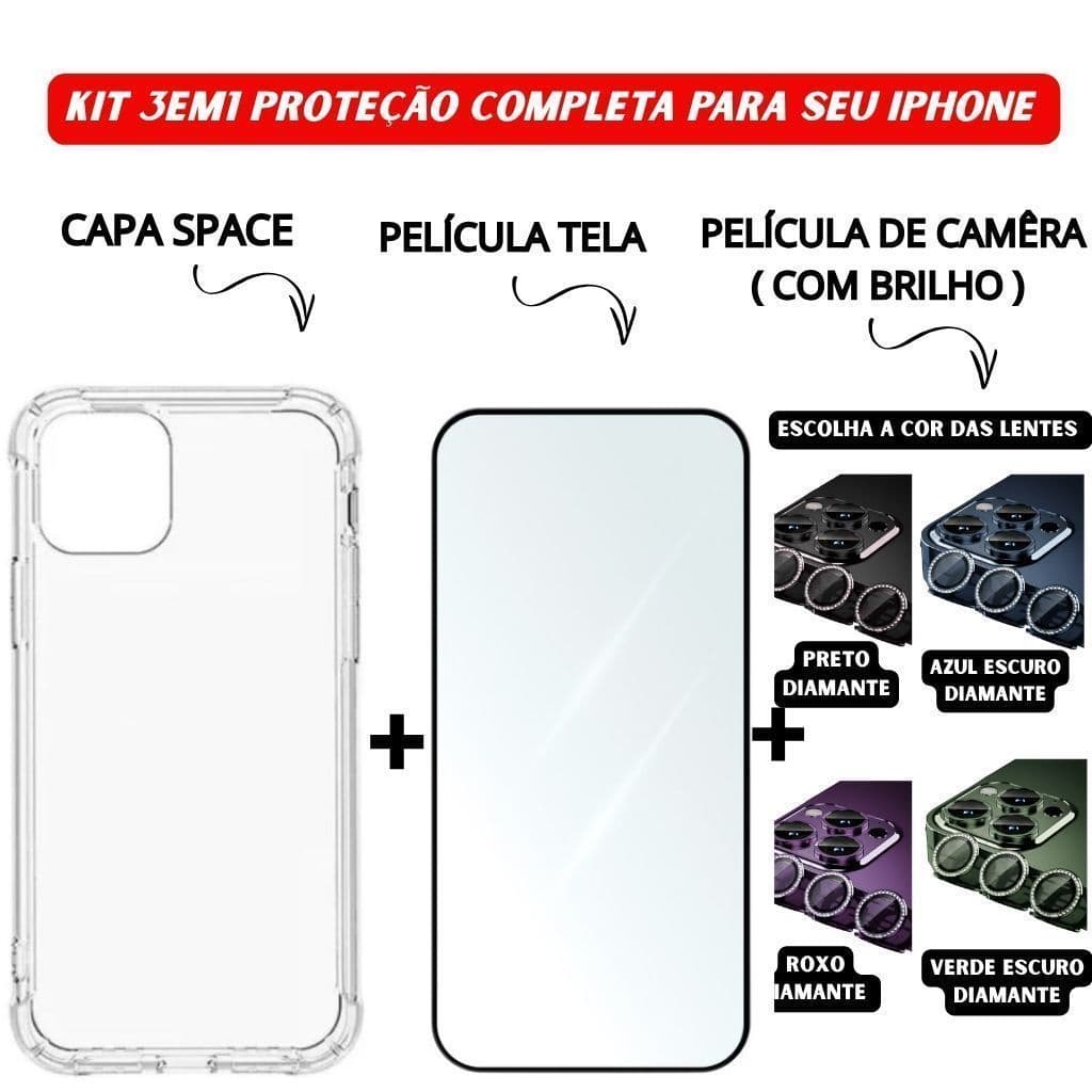 Capa Space + Película de Vidro Temperado 3D + Câmera Diamante iPhone 11 12 13 14 15 16 Pro Max - NF