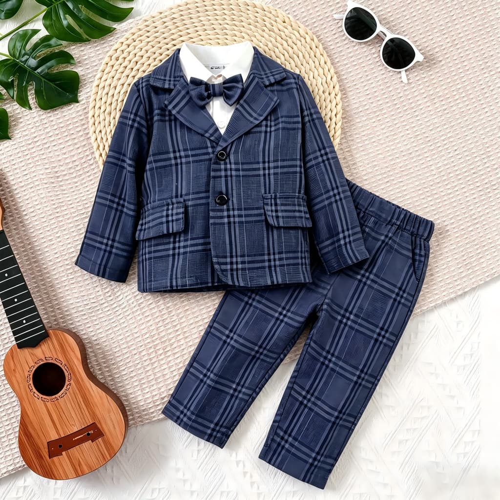 Conjunto De Terno Formal Xadrez Para Bebê Menino De 3 A 18 Meses , Blazer Infantil De Cavalheiro + Calça + Gravata Borbo