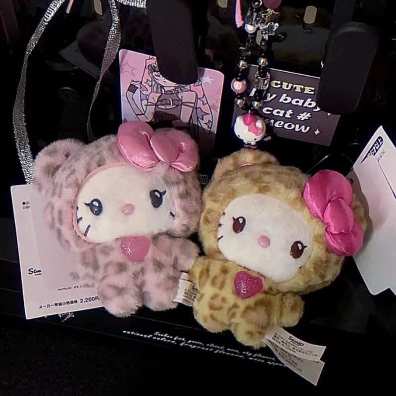 Chaveiro de Pelúcia Fofo da Série Urso com Estampa de Leopardo da Sanrio Hello Kitty, Presente para Crianças