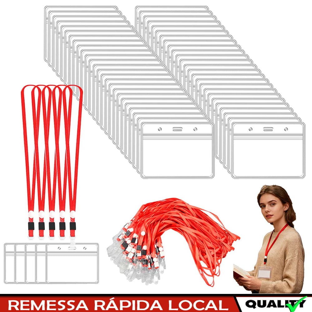 50 pçs porta-crachás de identificação, porta-crachás de plástico transparente e Cordões Vermelho, selável à prova d'água