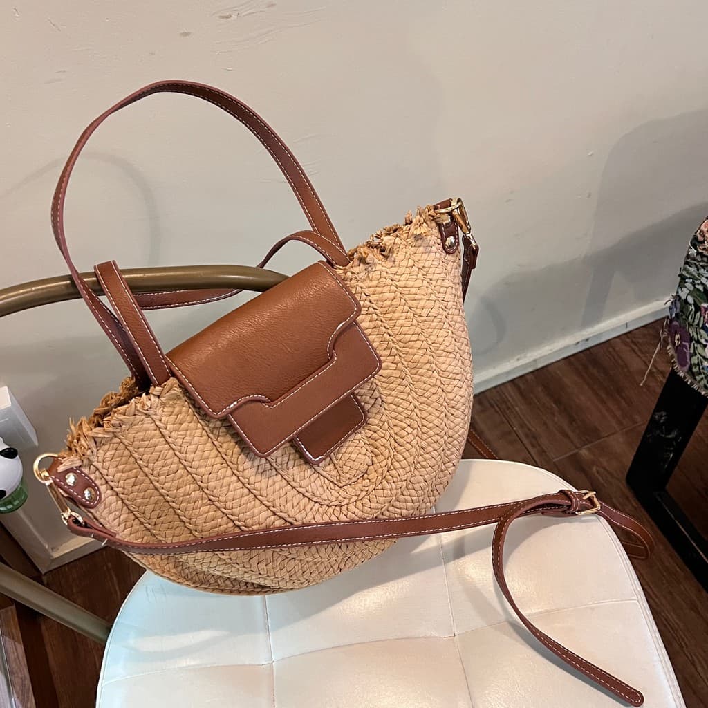 CHAWOOL Bolsa de palha retrô francesa semicírculo axila pedido bolsa mensageiro de ombro à beira-mar férias praia bolsa