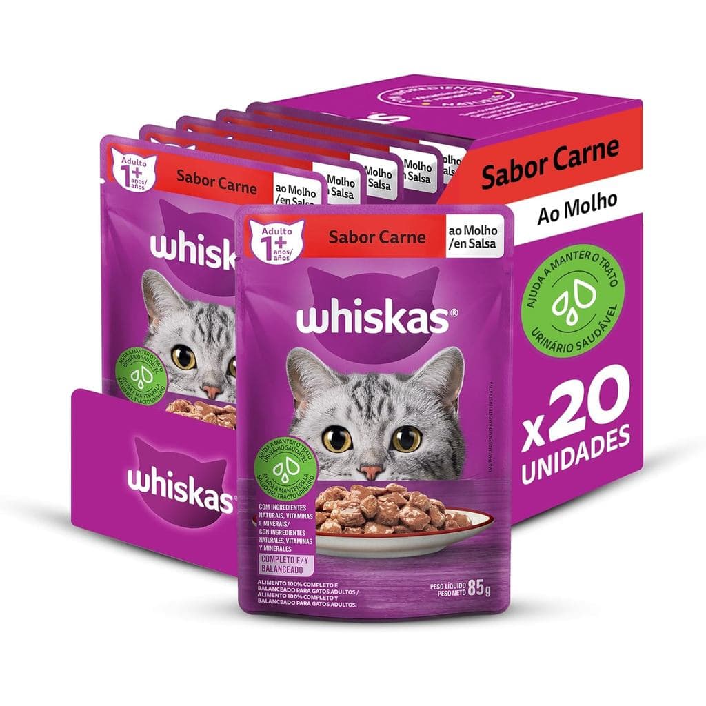 Pack Ração Úmida Whiskas Sachê Carne ao Molho para Gatos Adultos 85 g - 20 unidades