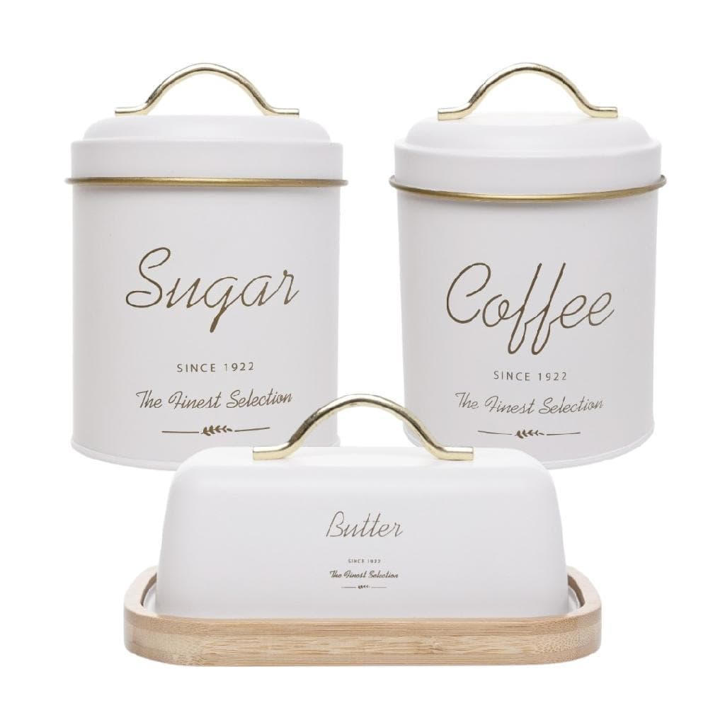 Lata Para Café Açúcar E Manteigueira Metal Branco Dourado Olina Wolff Kit Mesa Posta E Casa