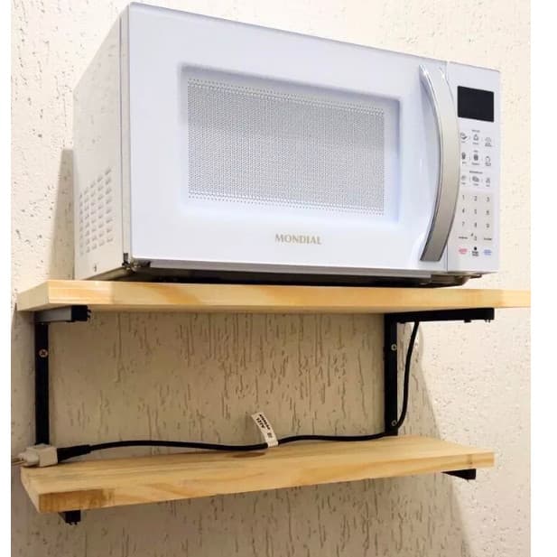 Suporte Microondas Forno Air Frier impressora Videogame Prateleira Parede Nicho 50cm Aço e Madeira Pinus