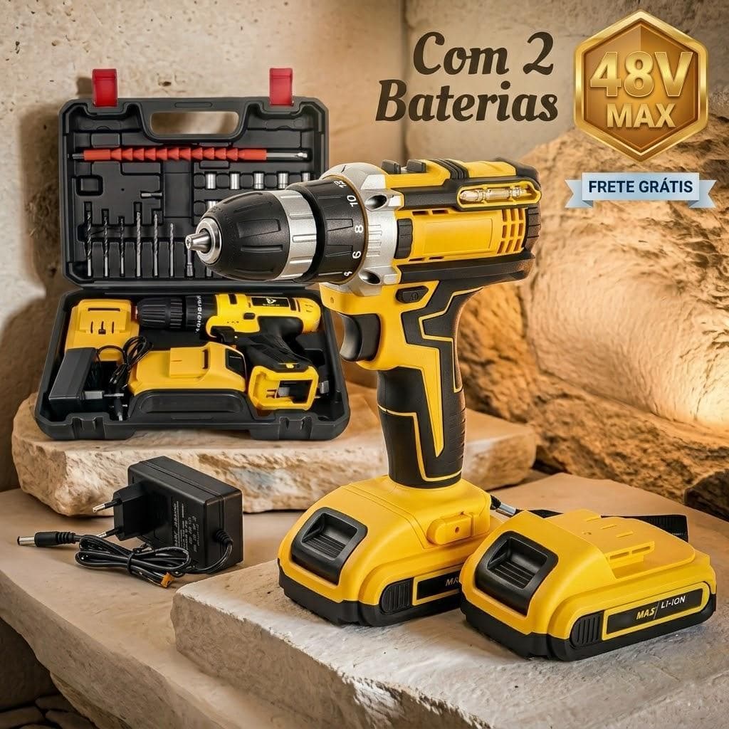 Parafusadeira Furadeira Sem Fio Profissional 48V + 2 Baterias Maleta e Kit Acessórios
