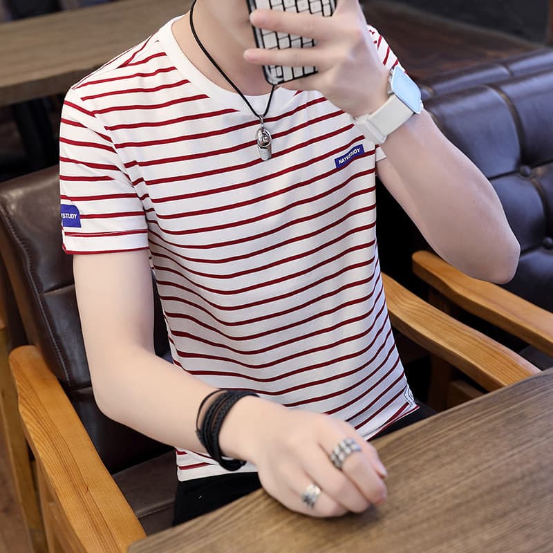 Verão masculino de manga curta camiseta em torno do pescoço listras meninos na moda 2024 novo estilo solto camiseta puro
