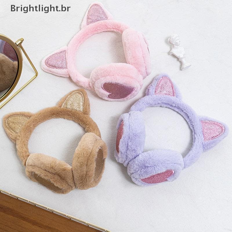 [brightlight.br] Protetores De Orelha Quentes De Inverno De Pelúcia Com Glitter Aquecedores De Gato Coração Pele Pendura