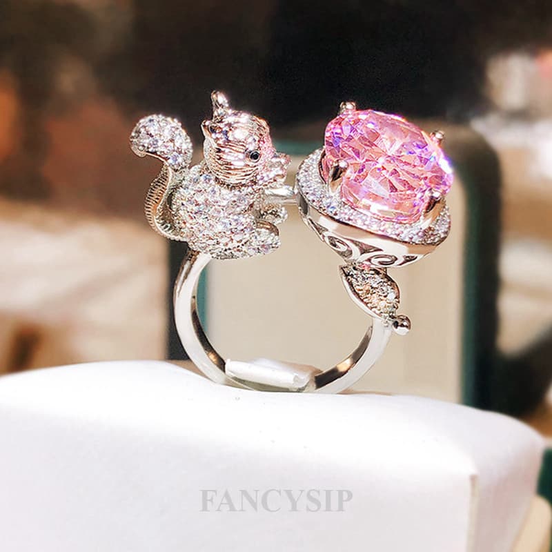 Europeu Americano Ins Novo Estilo Cobre Incrustado Rosa Zircão Esquilo Anel Feminino