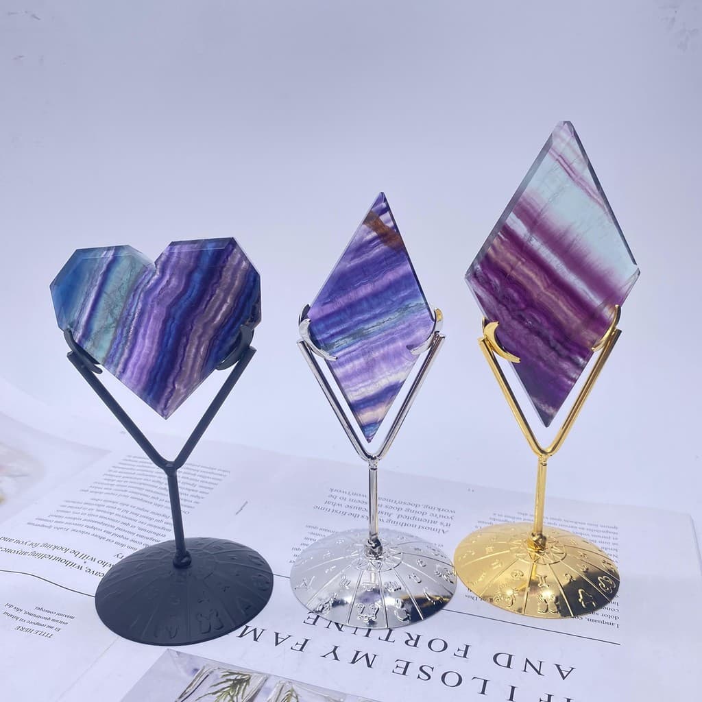 Pedra áspera de cristal em forma de diamante quadrado em forma de coração folha Mineral etiqueta Base de Metal expositor