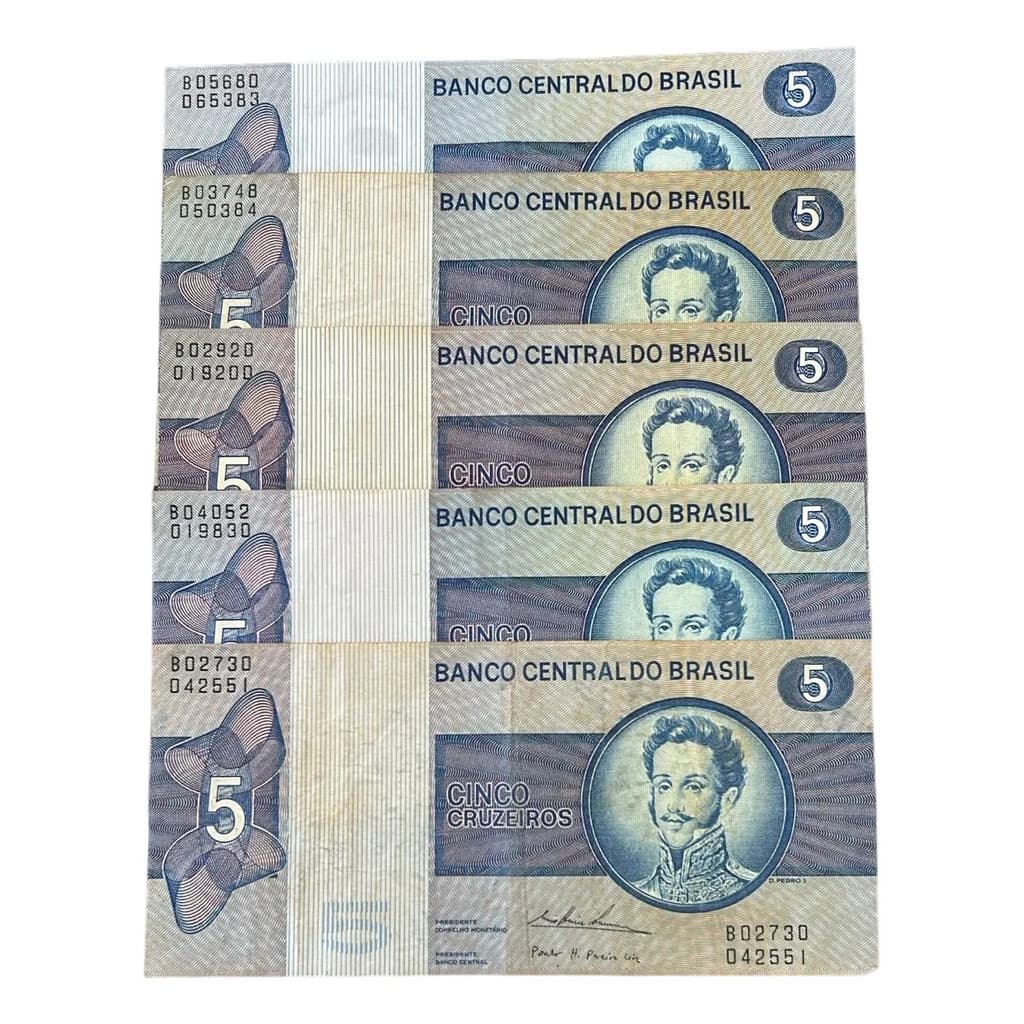 5 Cédulas Do Brasil 5 Cruzeiros Ano 1974 Mbc/sob C 135 Rara