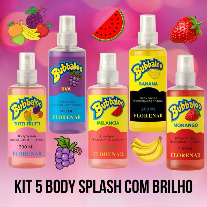 KIT 5 BODY SPLASH BUBBALOO MORANGO, UVA, TUTTI FRUTTI, BANANA E MELANCIA