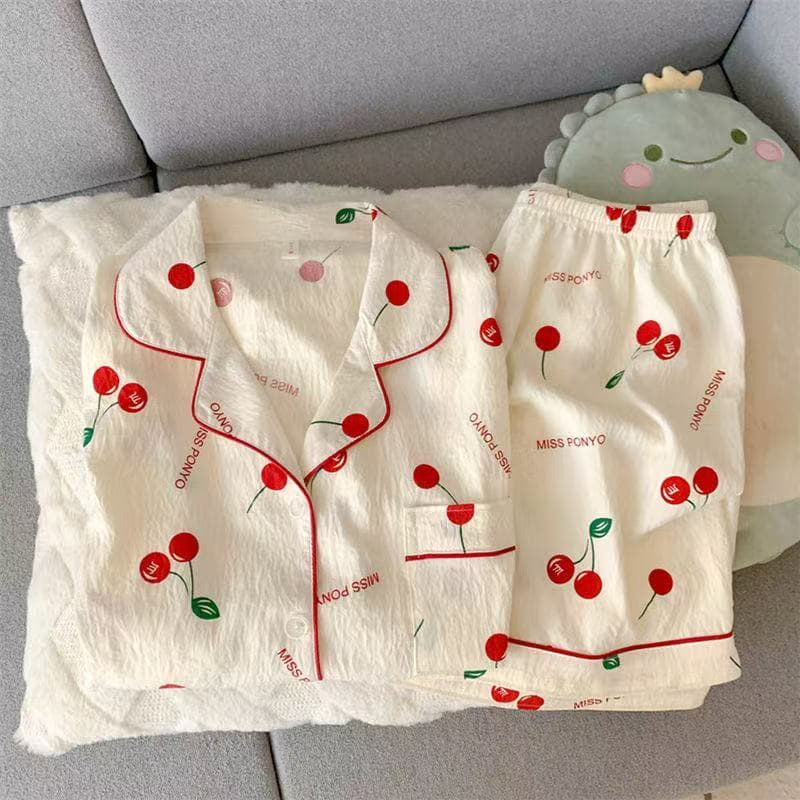 Pijama De Algodão Cereja Colud Feminino Verão Macio Pijamas Para Mulher Tiros De Manga Curta