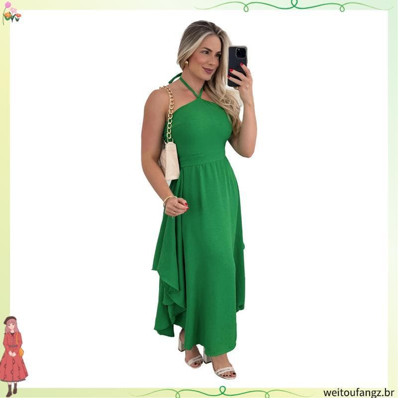 Vestido Longo Feminino em Viscolinho com Estampa Floral, Alças Finas, Fenda e Elástico nas Costas