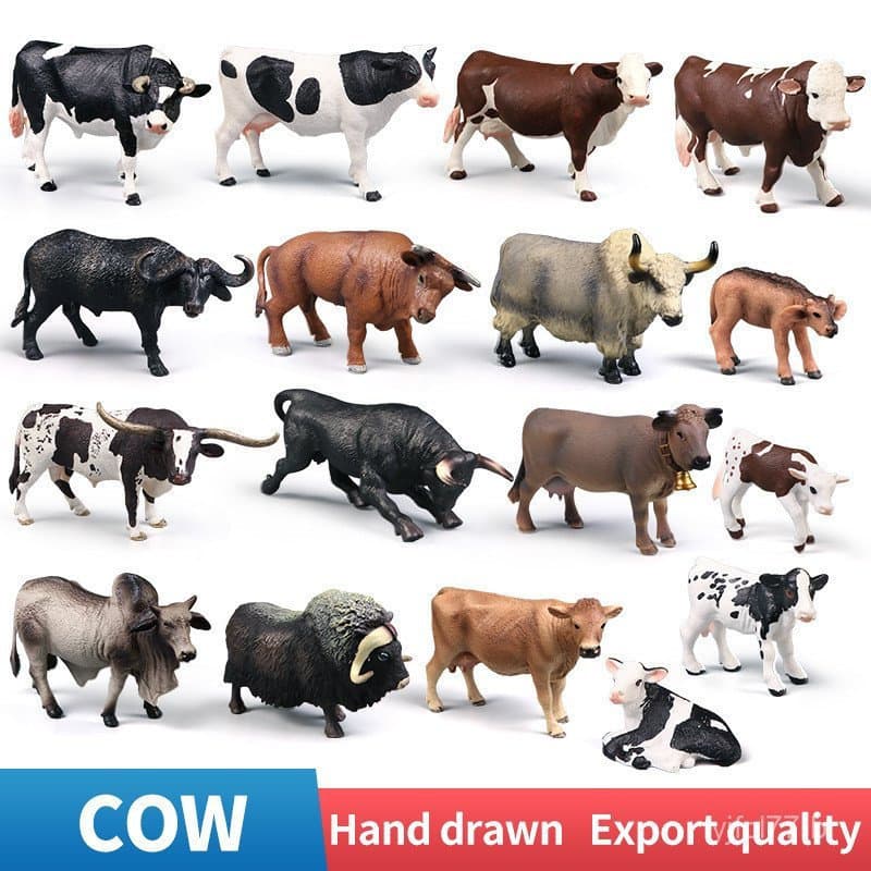 Modelos realistas e fofos de animais de fazenda, como vacas, bezerros, touros Angus, búfalos, cabras, etc., bonecos educ