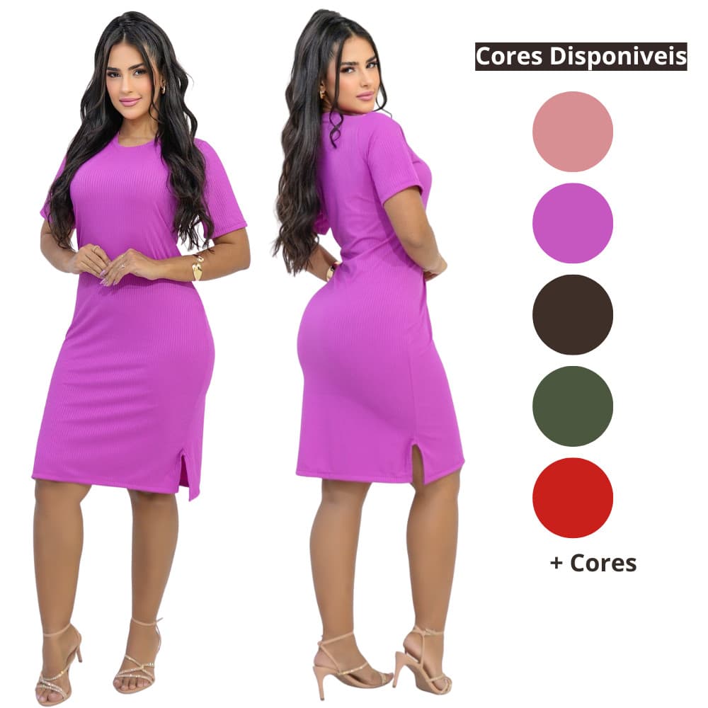 Vestido Tubinho Malha Canelado Feminino com Fenda Lateral Dia a Dia Elegante