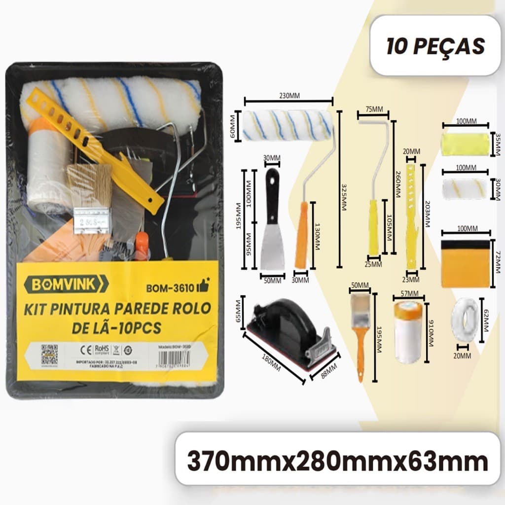 Kit de Pintura para Parede 6-10 Peças- Completo com Rolo de Lã, Lixa e Pincel, Ferramentas Completas