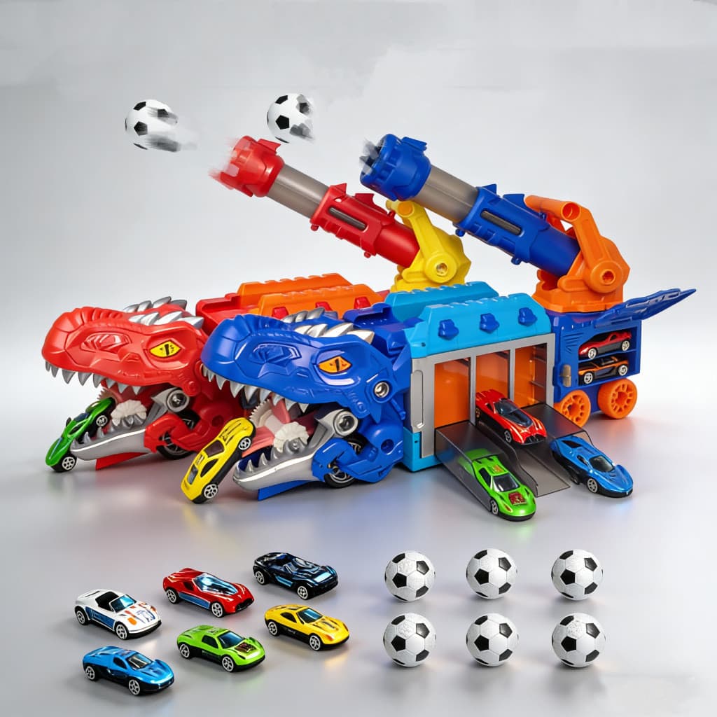 Dino Engolidor com Disparo e Armazenamento + Futebol e Carrinhos | Presente Infantil Criativo Divertido 3 em 1
