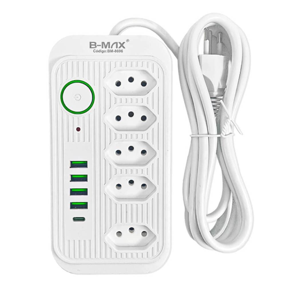 Extensão de Tomada Filtro de Linha 5 Tomadas com USB USB-C B-Max 2m Régua Hub Carregador Rápido Para Celular e PC Bivolt