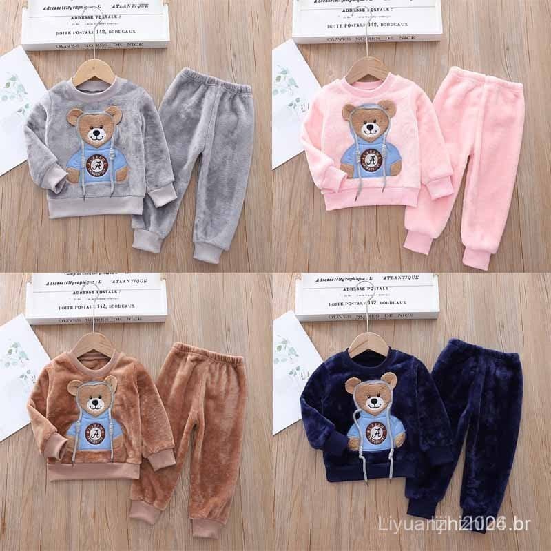 Novo conjunto de pijama de flanela espessa, adequado para meninos e meninas, roupa infantil quente para usar em casa NNU