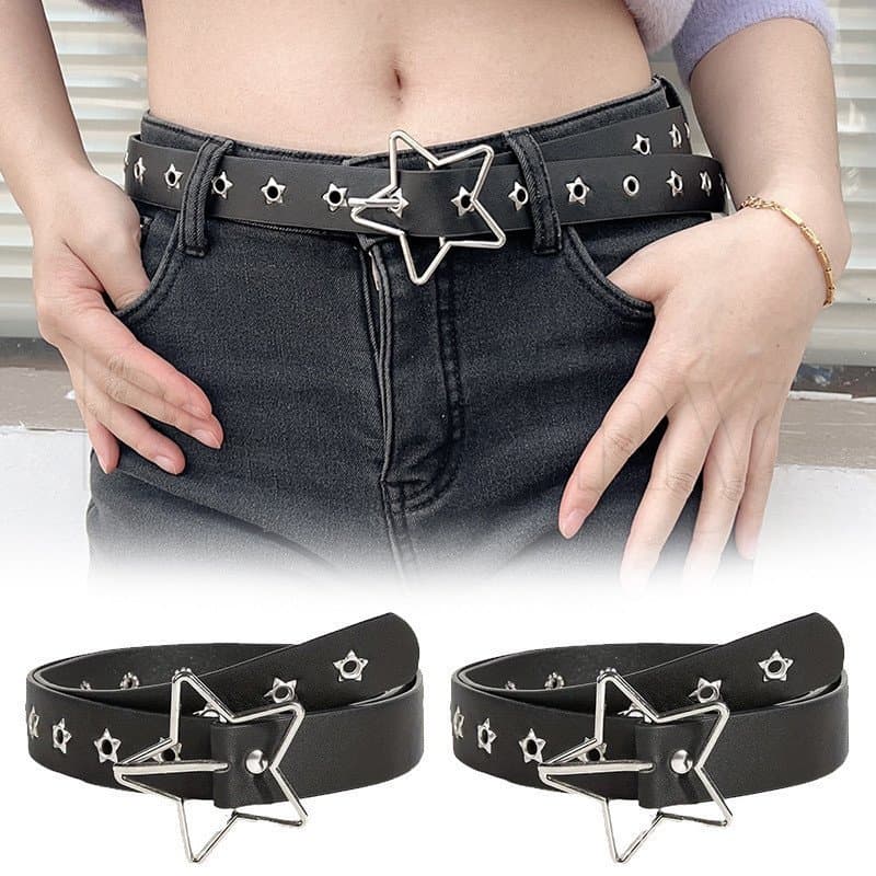 Cinto Star Buckle Belt-Ajustável-Cintos Decorativos Jean Pant-De Couro Preto PU Para Meninas Decorativo Pentagrama-Acess