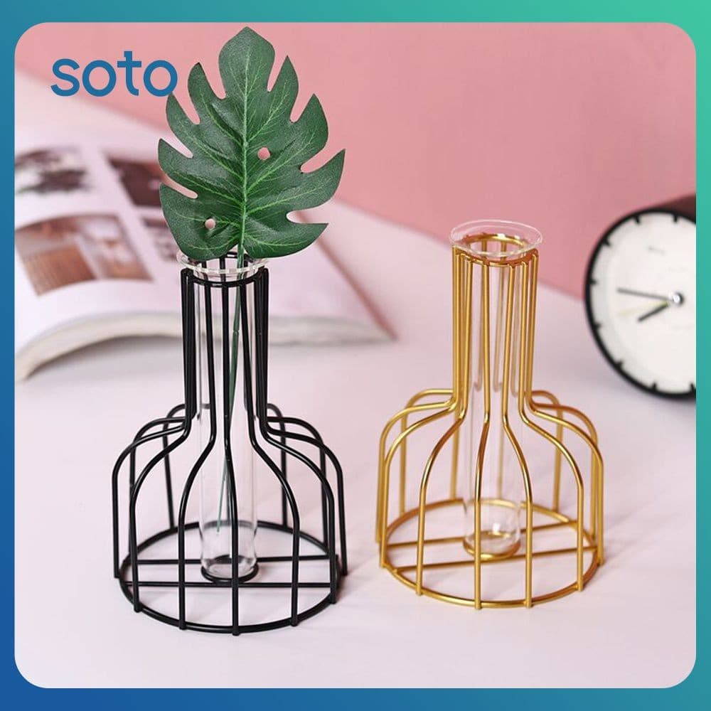 Vaso de Ferro Forjado Vintage SOTO, Estilo Nórdico, Vaso de Vidro com Detalhes em Ferro Forjado, Preto e Dourado, Vaso H