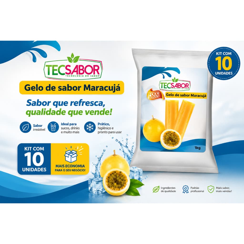 Kit 10 Gelo de Sabor Maracujá 1KG Tec em pó