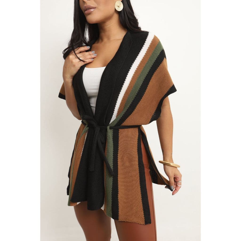 Capa Poncho Xale ajustável Blusa Feminina elegante com cinto Trico Manga Longa Inverno estilosa Listrada
