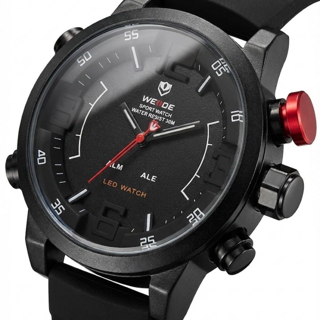Relógio Masculino Weide Analógico WH-5210 Preto e Branco e Vermelho (Resistente à água 3ATM, Vintage, Luxuoso, Charmoso)