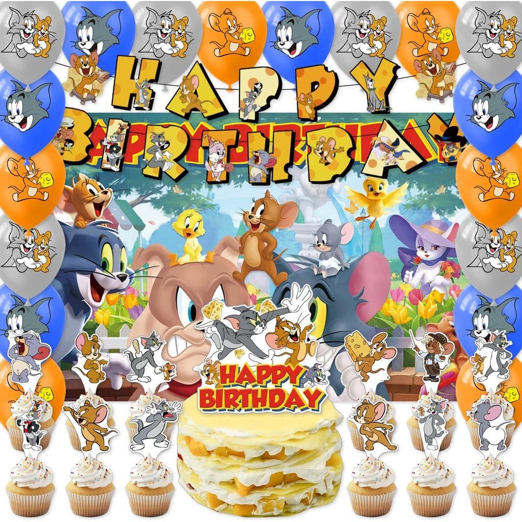 42 peças de decoração para festa de aniversário do Tom e Jerry incluem guardanapos, pratos e outros itens para a festa d