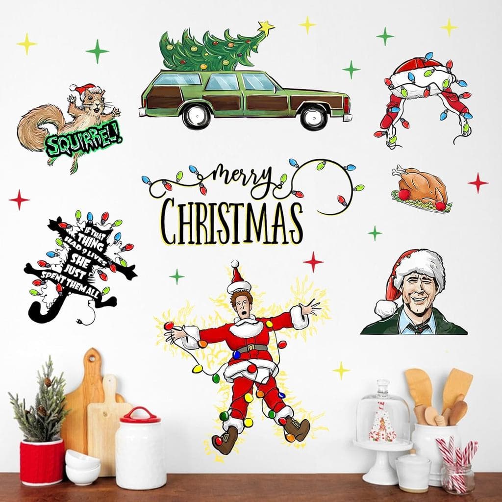 Adesivos de Parede Mfault Feliz Natal, Decorações Engraçadas de Inverno, Férias de Natal, Papai Noel, Esquilo, Árvore de