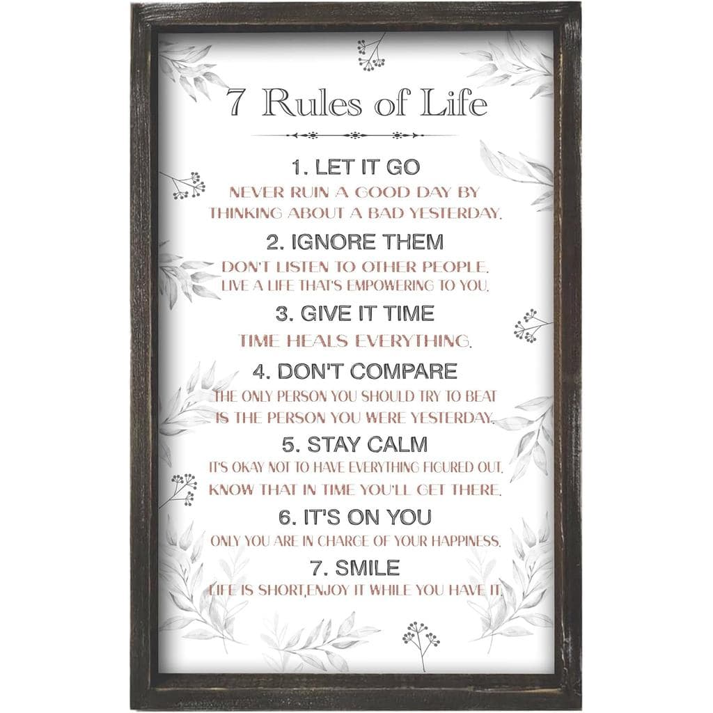 Placa Decorativa de Parede com 7 Regras Positivas de Vida - Placa Inspiradora de Afirmação de Atitude de Vida em Madeira