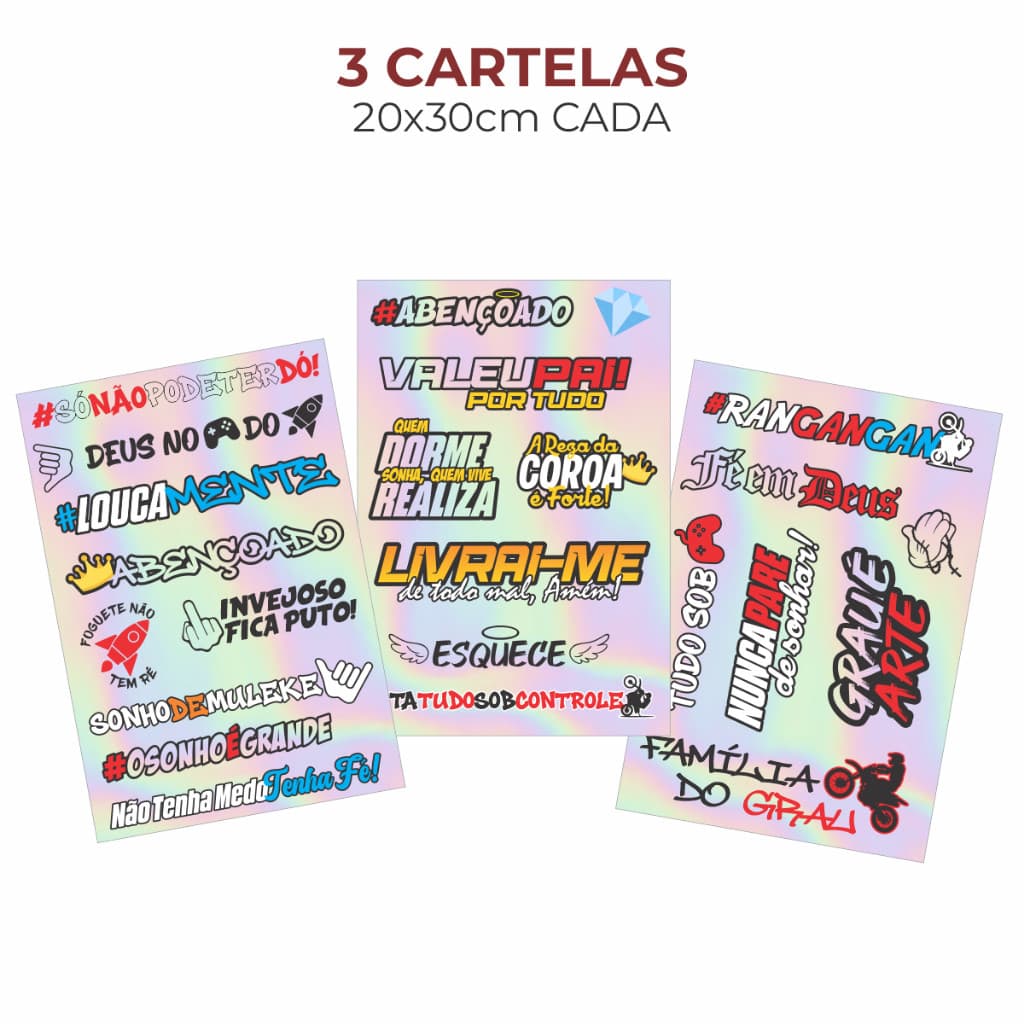 Cartela Stickers Frases Decorativos Street Style Holográfico