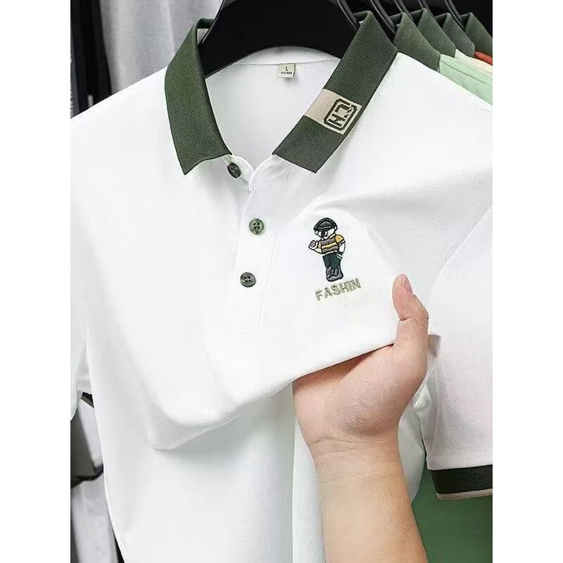 Verão juventude carta estilo fino bordado camisa POLO de manga curta masculina lapela All-Match na moda meia manga camis