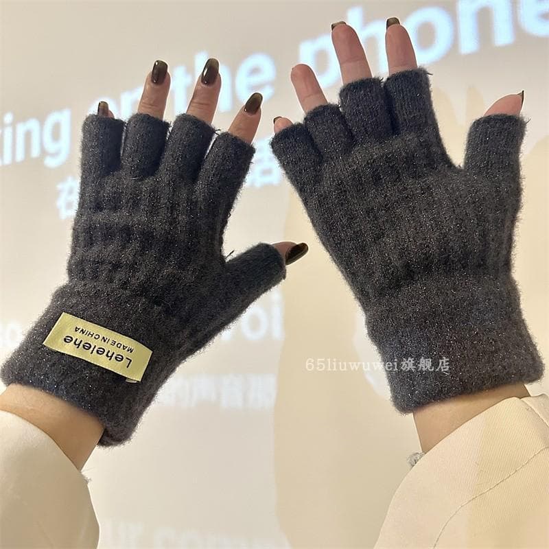Luvas de malha de meio dedo feminino outono inverno estilo japonês sem dedos cinco dedos quente à prova de frio estudant