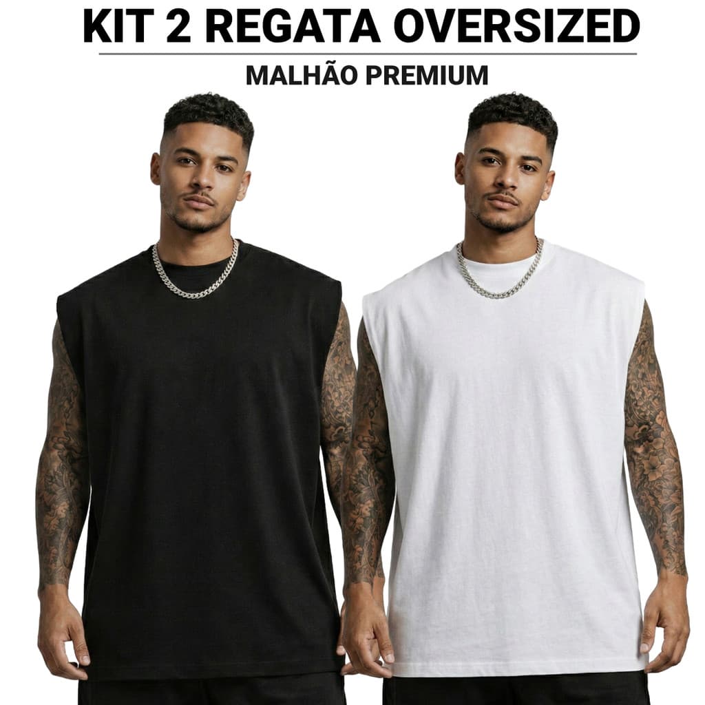 KIT 2 ou 1 Camiseta Regata Oversized Masculina Malha Premium Básica Lisa Academia Machão e Treino