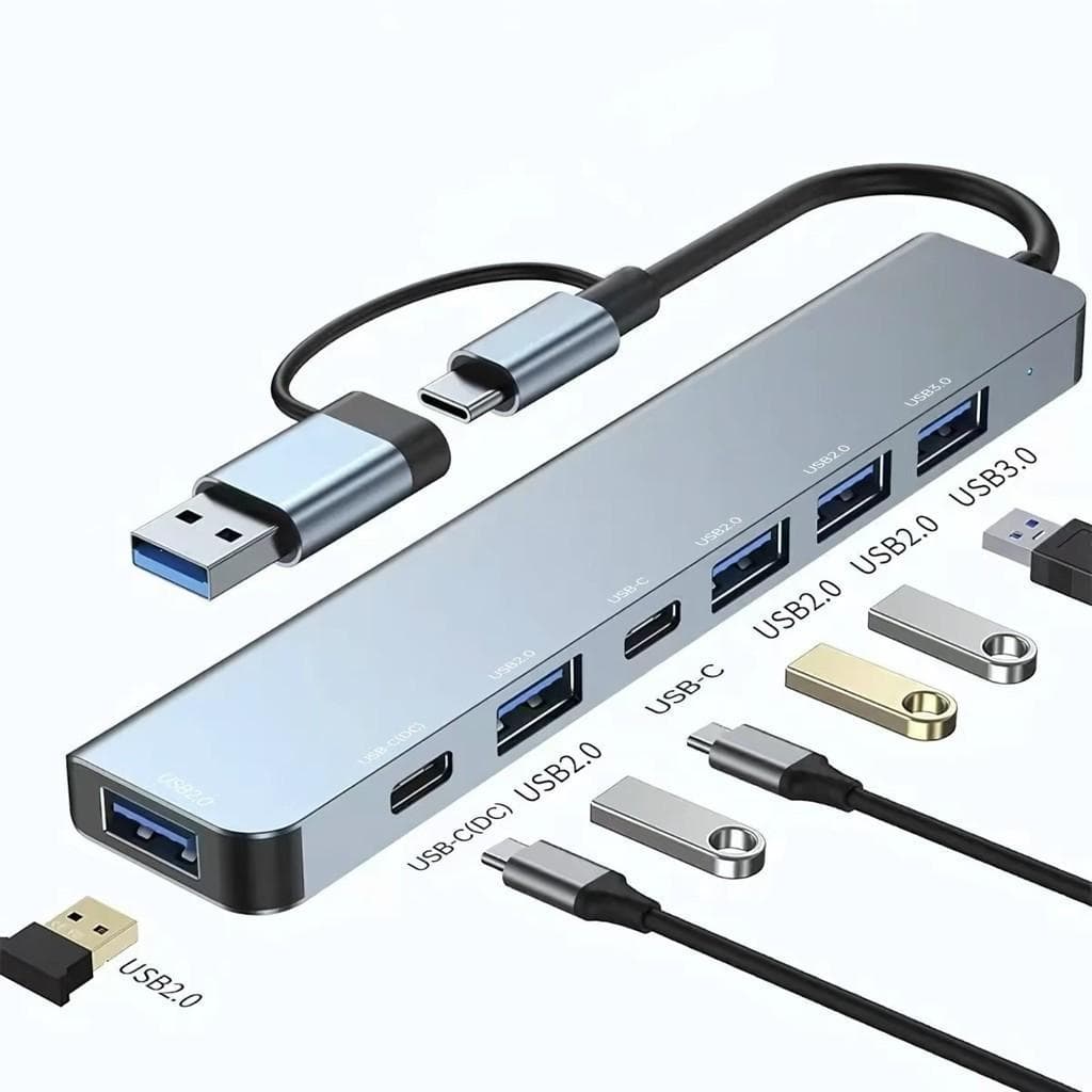 Hub Adaptador USB + Type-C 7 em 1 – USB 3.0 / USB 2.0 / USB/C DC / Suporte BC1.2