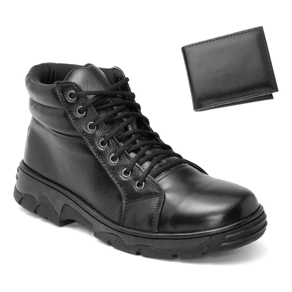 Bota Coturno Casual Adventure Motociclista Couro + Carteira Bota PM Segurança Vigilante
