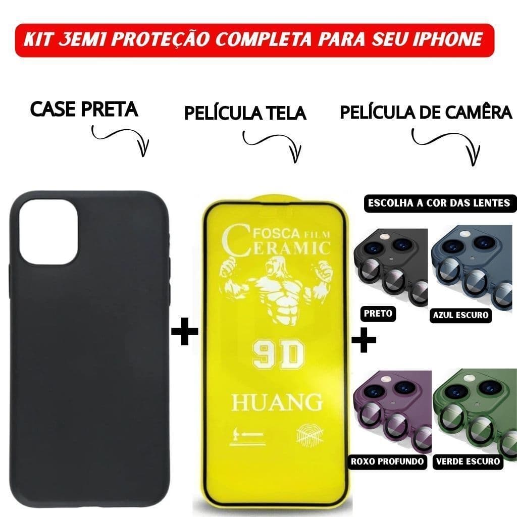Case Preta + Película Cerâmica Fosca + Câmera Colorida iPhone 11 12 13 14 15 16 Pro Max - NF