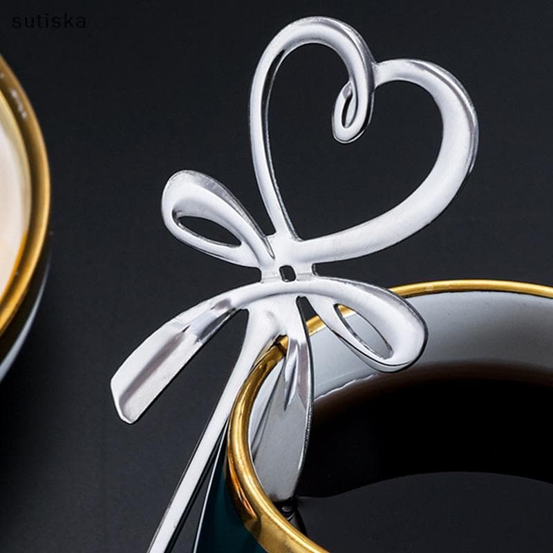 sutiska 3D Arco Nó Em Forma De Coração Mini Colher De Café Chá Sobremesa Pendurado Ouro Prata Talheres De Aço Inoxidável