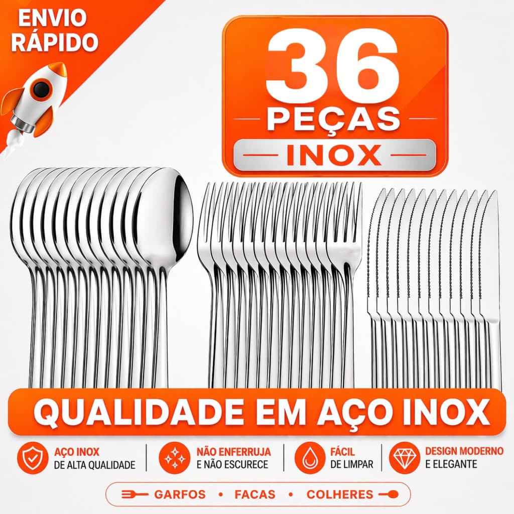 Jogo de Talheres 36 peças Aço Inox Facas Garfos e Colheres de Mesa Jantar Resistência em Aço Inox