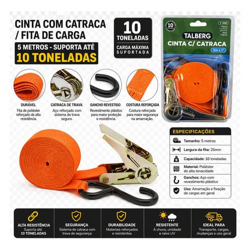 Cinta Catraca Carga 5 Toneladas 5 Metros Caminhão Amarrar Laranja