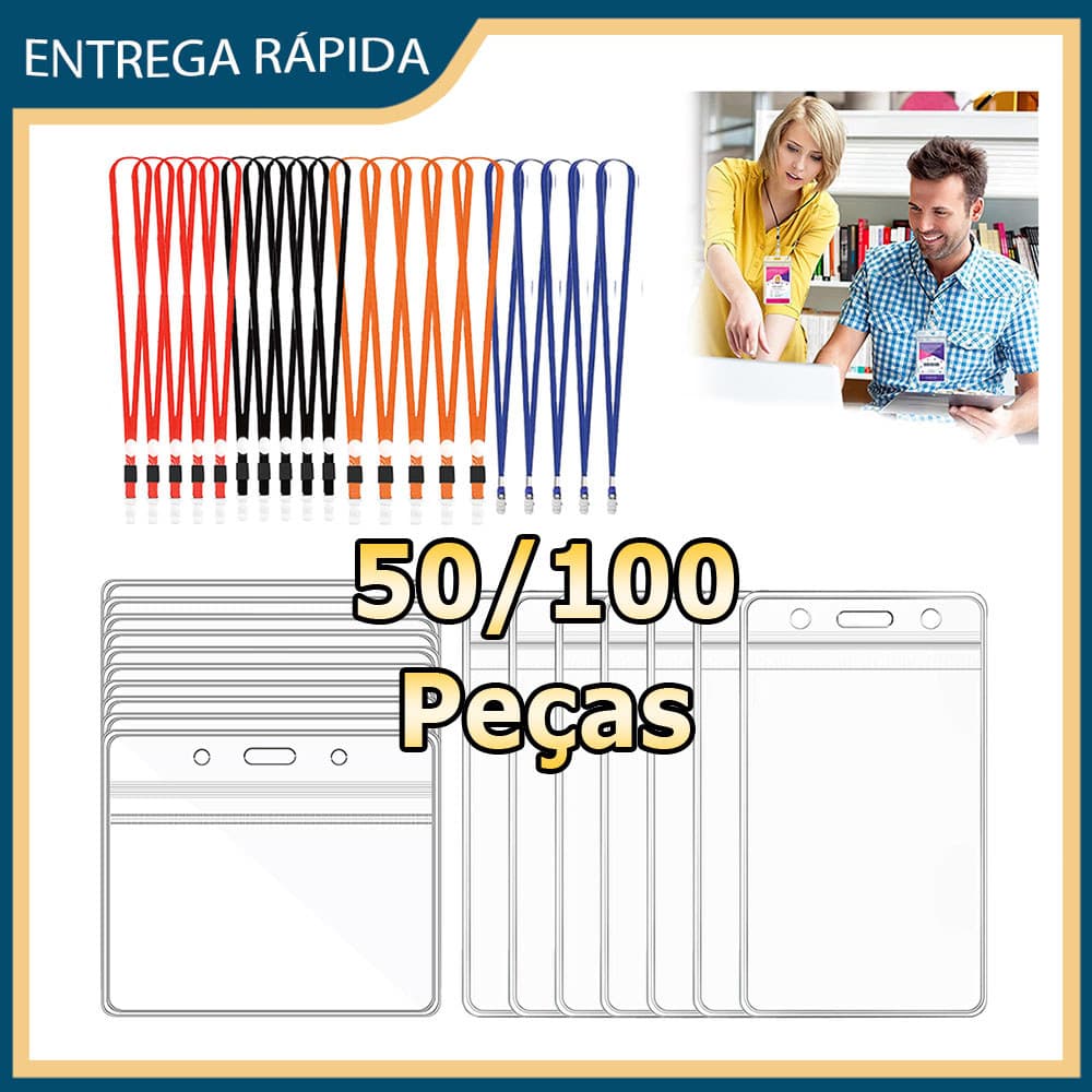 Kit 50/100 Crachás transparentes porta-cartões de identificação de plástico porta-crachás cordões com clipes