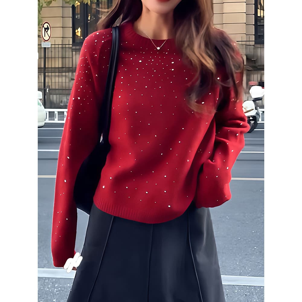 Moda estilo ocidental roupas femininas cravejado de diamantes ano novo vermelho suéter de manga comprida malhas primaver